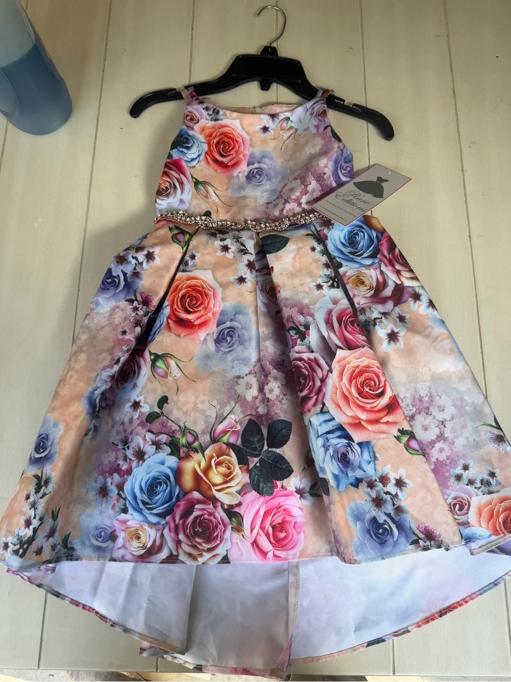 Rare Editions Multicolor Floral Satin Party Dress with Beaded Waistband